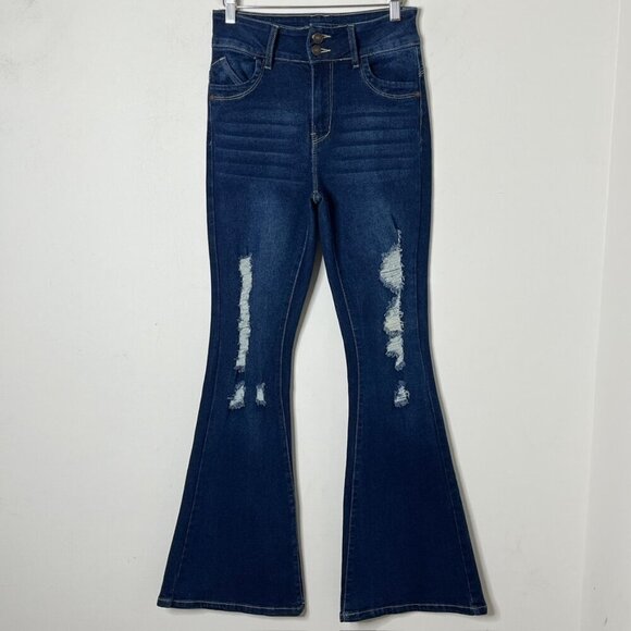 Sweet Look Women's Flare Jeans 7 Tall Bell Bottom Distressed Dark Wash High Rise - Picture 2 of 10